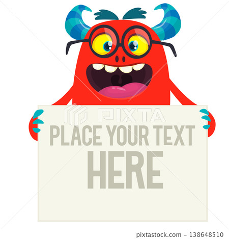 Catoon funny monster character holds banner paper sign for advertisement. Halloween illustration Catoon funny monster character holds banner paper sign for advertisement. Halloween illustration 138648510