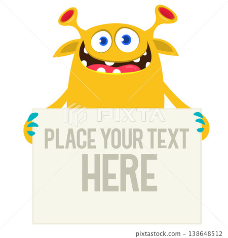 Catoon funny monster character holds banner paper sign for advertisement. Halloween illustration Catoon funny monster character holds banner paper sign for advertisement. Halloween illustration 138648512