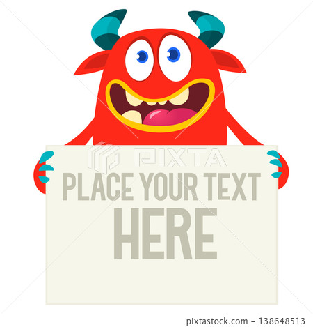 Catoon funny monster character holds banner paper sign for advertisement. Halloween illustration Catoon funny monster character holds banner paper sign for advertisement. Halloween illustration 138648513