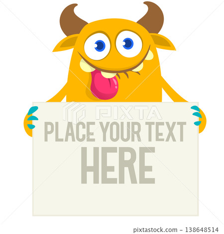 Catoon funny monster character holds banner paper sign for advertisement. Halloween illustration Catoon funny monster character holds banner paper sign for advertisement. Halloween illustration 138648514
