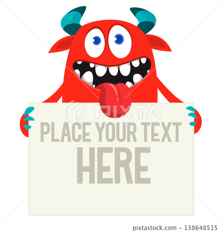 Catoon funny monster character holds banner paper sign for advertisement. Halloween illustration Catoon funny monster character holds banner paper sign for advertisement. Halloween illustration 138648515