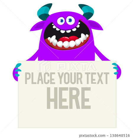 Catoon funny monster character holds banner paper sign for advertisement. Halloween illustration Catoon funny monster character holds banner paper sign for advertisement. Halloween illustration 138648516