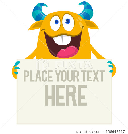 Catoon funny monster character holds banner paper sign for advertisement. Halloween illustration 138648517
