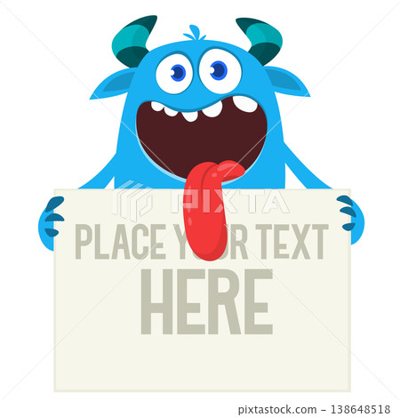 Catoon funny monster character holds banner paper sign for advertisement. Halloween illustration Catoon funny monster character holds banner paper sign for advertisement. Halloween illustration 138648518