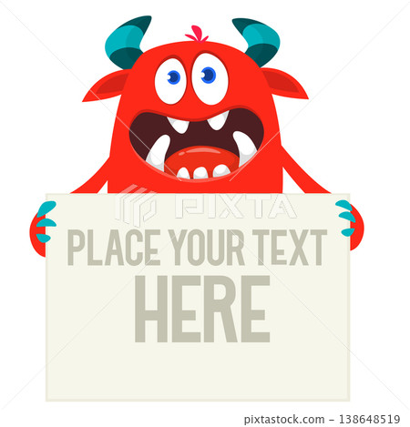 Catoon funny monster character holds banner paper sign for advertisement. Halloween illustration 138648519