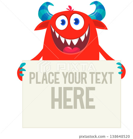 Catoon funny monster character holds banner paper sign for advertisement. Halloween illustration Catoon funny monster character holds banner paper sign for advertisement. Halloween illustration 138648520