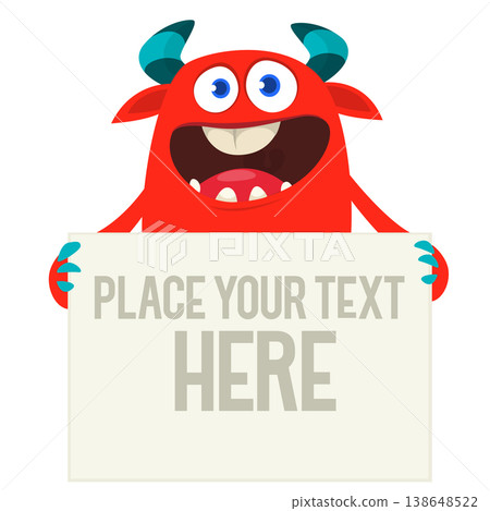Catoon funny monster character holds banner paper sign for advertisement. Halloween illustration 138648522