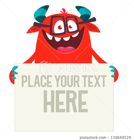 Catoon funny monster character holds banner paper sign for advertisement. Halloween illustration Catoon funny monster character holds banner paper sign for advertisement. Halloween illustration 138648529