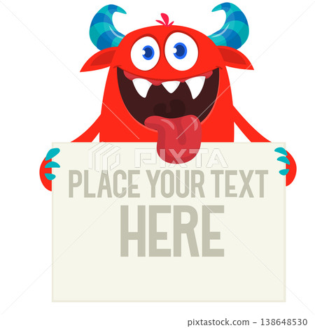 Catoon funny monster character holds banner paper sign for advertisement. Halloween illustration Catoon funny monster character holds banner paper sign for advertisement. Halloween illustration 138648530