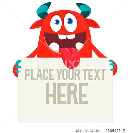 Catoon funny monster character holds banner paper sign for advertisement. Halloween illustration 138648545