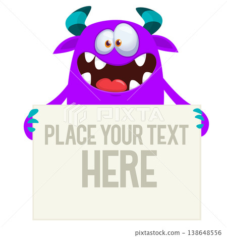 Funny cartoon monster or alien holding empty sheet, banner or sign board for text Funny cartoon monster or alien holding empty sheet, banner or sign board for text 138648556