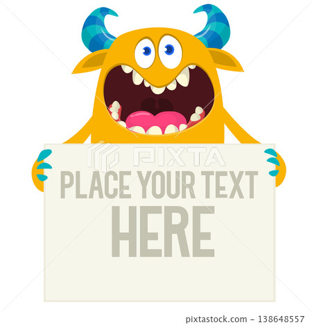 Catoon funny monster character holds banner paper sign for advertisement. Halloween illustration Catoon funny monster character holds banner paper sign for advertisement. Halloween illustration 138648557