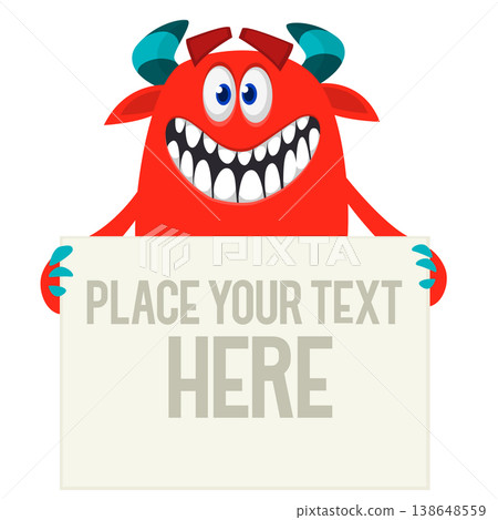 Funny cartoon monster or alien holding empty sheet, banner or sign board for text Funny cartoon monster or alien holding empty sheet, banner or sign board for text 138648559