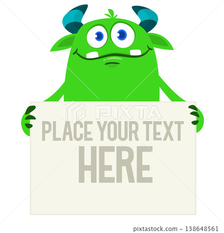 Funny cartoon monster or alien holding empty sheet, banner or sign board for text Funny cartoon monster or alien holding empty sheet, banner or sign board for text 138648561