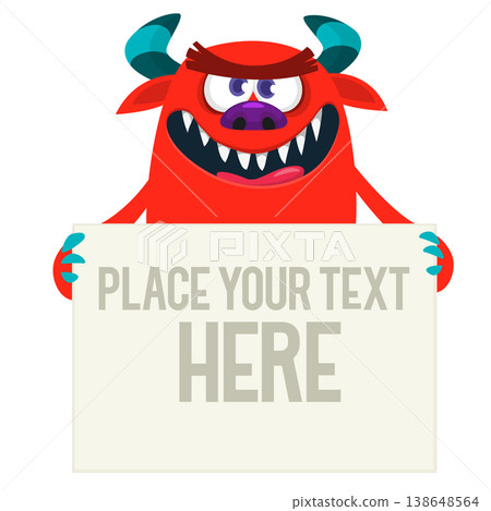 Funny cartoon monster holding empty paper sheet, banner or sign board for text Funny cartoon monster holding empty paper sheet, banner or sign board for text 138648564