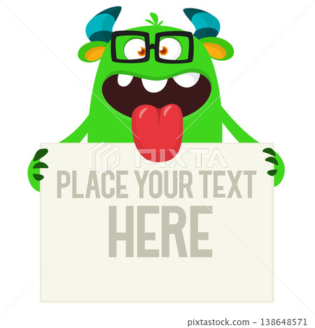 Funny cartoon monster holding empty paper sheet, banner or sign board for text Funny cartoon monster holding empty paper sheet, banner or sign board for text 138648571