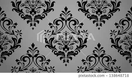 Floral pattern. Seamless vector background. Vintage wallpaper in the Baroque style. Gray and black ornament for fabric, wallpaper, packaging. Ornate Damask flower illustration Floral pattern. Seamless vector background. Vintage wallpaper in the Baroque style. Gray and black ornament for fabric, wallpaper, packaging. Ornate Damask flower illustration 138648718