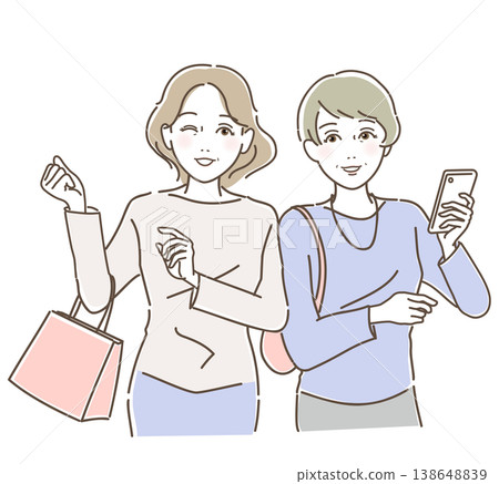 Two young middle-aged/senior women looking at their smartphones while shopping. Two young middle-aged/senior women looking at their smartphones while shopping. 138648839