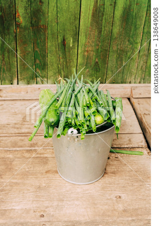 Fresh green onions and cucumber filling a metal bucket, standing on weathered wooden boards, showing organic harvest from garden. Growing organic produce in the garden, conscious living 138649008
