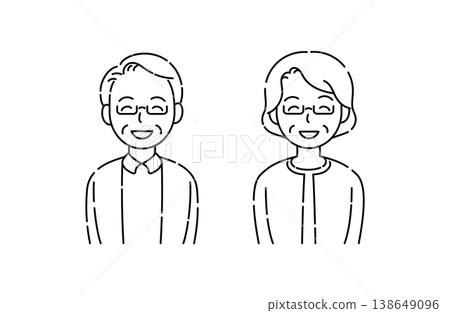 A simple line drawing of a smiling senior couple wearing glasses, their eyes smiling too. A simple line drawing of a smiling senior couple wearing glasses, their eyes smiling too. 138649096