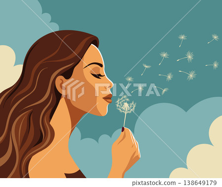 Profile of a beautiful young woman blowing dandelion seeds into the blue sky. Illustration. Profile of a beautiful young woman blowing dandelion seeds into the blue sky. Illustration. 138649179