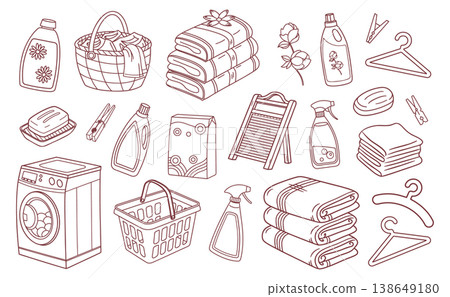 Laundry icons set. Hand drawn laundry and washing household items collection.  138649180