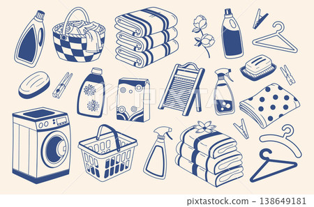 Laundry icons set. Hand drawn laundry and washing household items collection. Blue linear sketch.  138649181