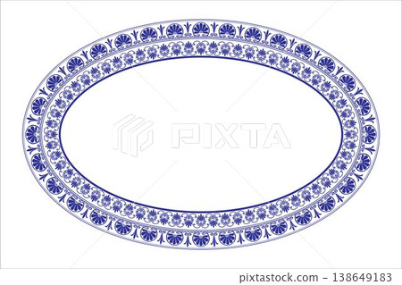 Blue oval plate with floral pattern. Oval floral european pattern frame arabesque. Vintage, ethnic vector frame with arabesque greek pattern. For textile, embroidery, ceramic, porcelain, plate, dish 138649183