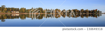 Colorful trees in Vita Sannar mirroring in Lake Vanern, Sweden. 138649318