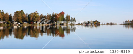 Colorful autumn forest in Vita Sannar mirroring in Lake Vanern, Sweden. Colorful autumn forest in Vita Sannar mirroring in Lake Vanern, Sweden. 138649319