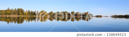 Calm autumn day at the shore of Lake Vanern, colorful trees in Vita Sannar mirroring in the water, Sweden. Calm autumn day at the shore of Lake Vanern, colorful trees in Vita Sannar mirroring in the water, Sweden. 138649323