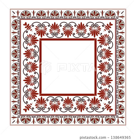 An exquisite square vector frame featuring traditional Greek palmette ornaments in terracotta brown. Classical border design for invitation, menu, label, textile, embroidery, Mediterranean ceramic An exquisite square vector frame featuring traditional Greek palmette ornaments in terracotta brown. Classical border design for invitation, menu, label, textile, embroidery, Mediterranean ceramic 138649365