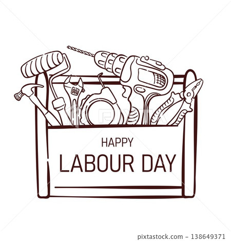 Happy Labour Day illustration with toolbox filled with construction tools in line art style. Design on white background for greeting card, poster and banner. 138649371
