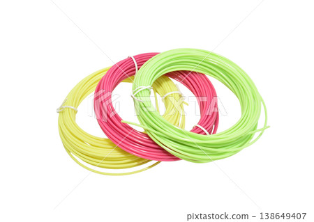 Plastic for 3D pen in green, red and yellow colors. Plastic for 3D pen in green, red and yellow colors. 138649407
