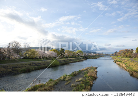 從丸太町橋上眺望鴨川、河岸和盛開的櫻花（9） 138649448