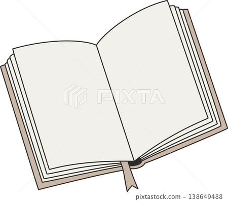 Open Book with Blank Pages Illustration, Minimalist Beige Notebook with Bookmark for Reading and Journaling, Flat Graphic Isolated  138649488