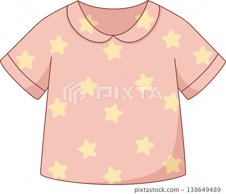 Cute Pink Pajama Top with Yellow Star Pattern Illustration, Sweet Short Sleeve Sleepwear Shirt for Women and Girls, Comfort Lounge Apparel Isolated Cute Pink Pajama Top with Yellow Star Pattern Illustration, Sweet Short Sleeve Sleepwear Shirt for Women and Girls, Comfort Lounge Apparel Isolated 138649489