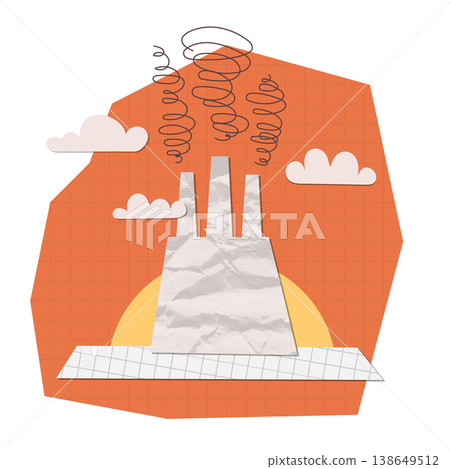 Industrial pollution and ecology problem concept. Retro collage of crumpled paper factory silhouette with scribbled smoke. Vintage pop art vector isolated illustration for environmental design. Industrial pollution and ecology problem concept. Retro collage of crumpled paper factory silhouette with scribbled smoke. Vintage pop art vector isolated illustration for environmental design. 138649512