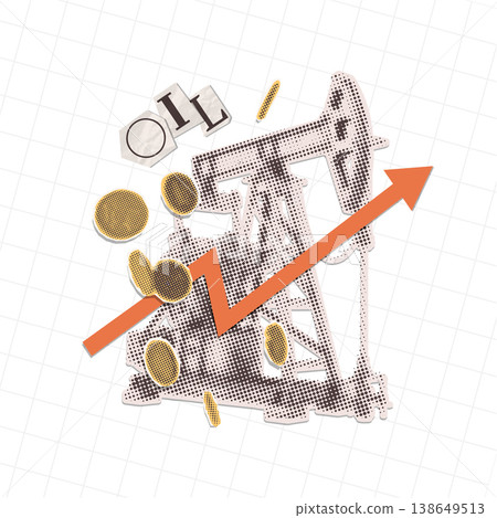 Rising oil prices and energy profit concept. Retro collage of pumpjack with newspaper cutout letters, red up arrow and falling coins. Vintage pop art vector isolated illustration for fuel market. 138649513