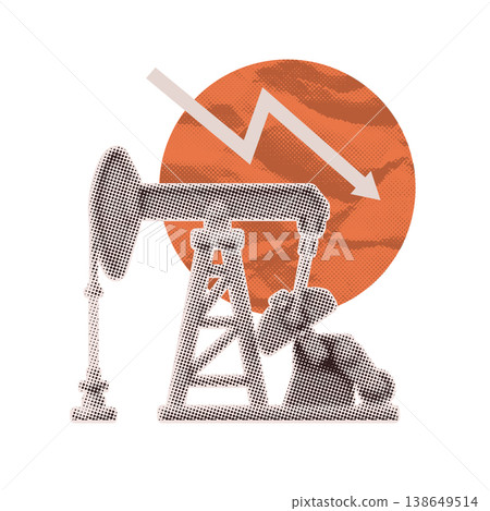 Oil price drop and energy crisis concept. Retro halftone collage of oil rig with falling arrow on red sun background. Vintage pop art vector illustration for fuel market crash and economic recession. 138649514