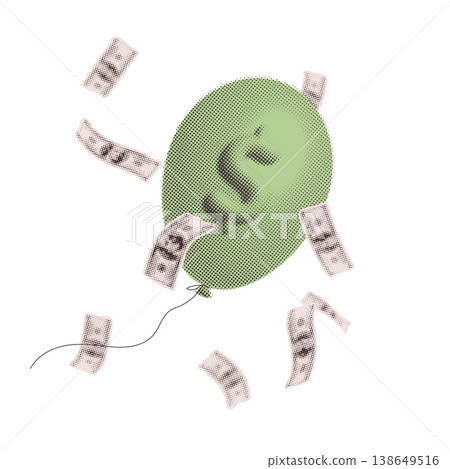 Inflation and rising cost concept. Retro paper collage of green dollar balloon flying away with falling banknotes. Vintage pop art vector isolated illustration for economic bubble and lost wealth. Inflation and rising cost concept. Retro paper collage of green dollar balloon flying away with falling banknotes. Vintage pop art vector isolated illustration for economic bubble and lost wealth. 138649516