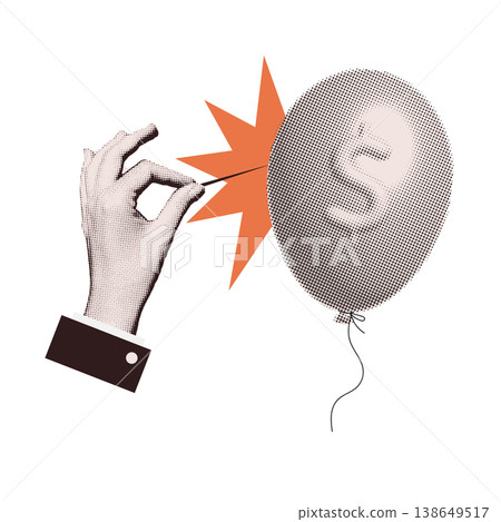Economic bubble burst and inflation concept. Retro halftone collage of businessman hand popping dollar balloon with needle. Vintage pop art vector illustration for financial crash and bankruptcy. Economic bubble burst and inflation concept. Retro halftone collage of businessman hand popping dollar balloon with needle. Vintage pop art vector illustration for financial crash and bankruptcy. 138649517