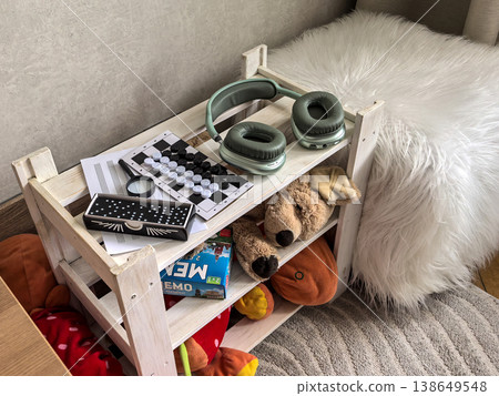 Kids Wooden Shelf with Toys and Games Kids Wooden Shelf with Toys and Games 138649548