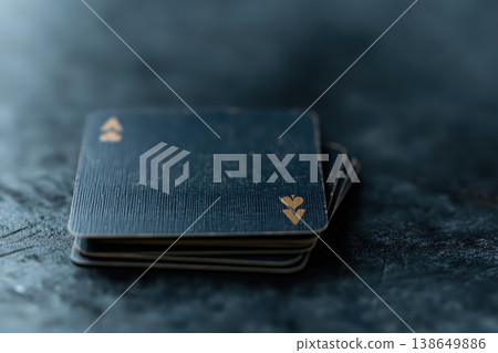 Stack of vintage trump cards with gold edges on the table 138649886