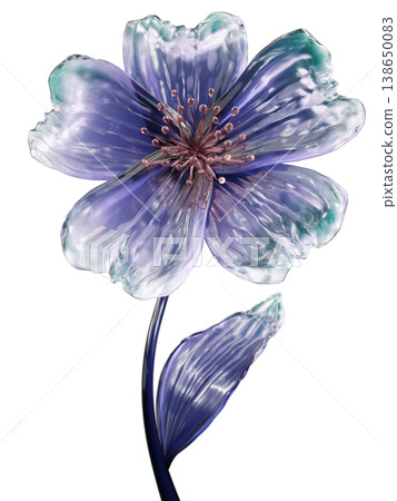 Translucent Purple Glass Flower With Stem and Leaf Abstract Botanical Sculpture On White Translucent Purple Glass Flower With Stem and Leaf Abstract Botanical Sculpture On White 138650083
