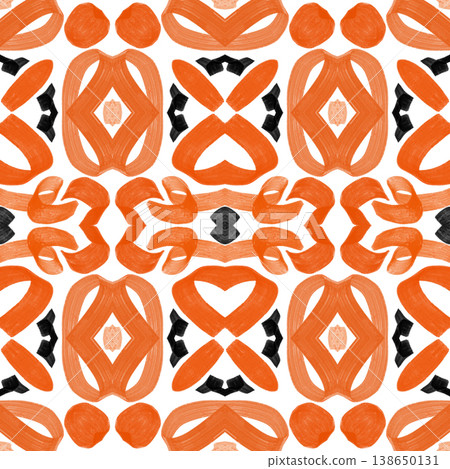 Orange and Black Watercolor Ikat Seamless Pattern with Bold Symmetrical Ornamental Motifs Orange and Black Watercolor Ikat Seamless Pattern with Bold Symmetrical Ornamental Motifs 138650131