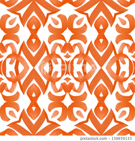 Orange and White Watercolor Ikat Seamless Pattern with Bold Symmetrical Ornamental Motifs Orange and White Watercolor Ikat Seamless Pattern with Bold Symmetrical Ornamental Motifs 138650133