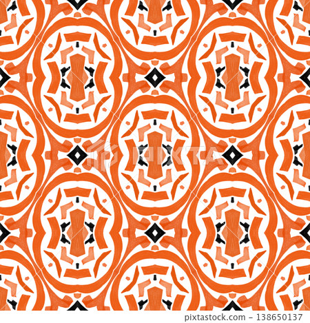 Orange and Black Watercolor Ikat Seamless Pattern with Bold Symmetrical Ornamental Motifs Orange and Black Watercolor Ikat Seamless Pattern with Bold Symmetrical Ornamental Motifs 138650137