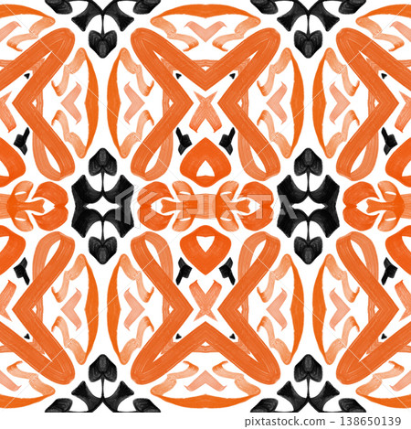 Orange and Black Watercolor Ikat Seamless Pattern with Bold Symmetrical Ornamental Motifs Orange and Black Watercolor Ikat Seamless Pattern with Bold Symmetrical Ornamental Motifs 138650139