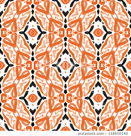 Orange and Black Watercolor Ikat Seamless Pattern with Bold Symmetrical Ornamental Motifs Orange and Black Watercolor Ikat Seamless Pattern with Bold Symmetrical Ornamental Motifs 138650140